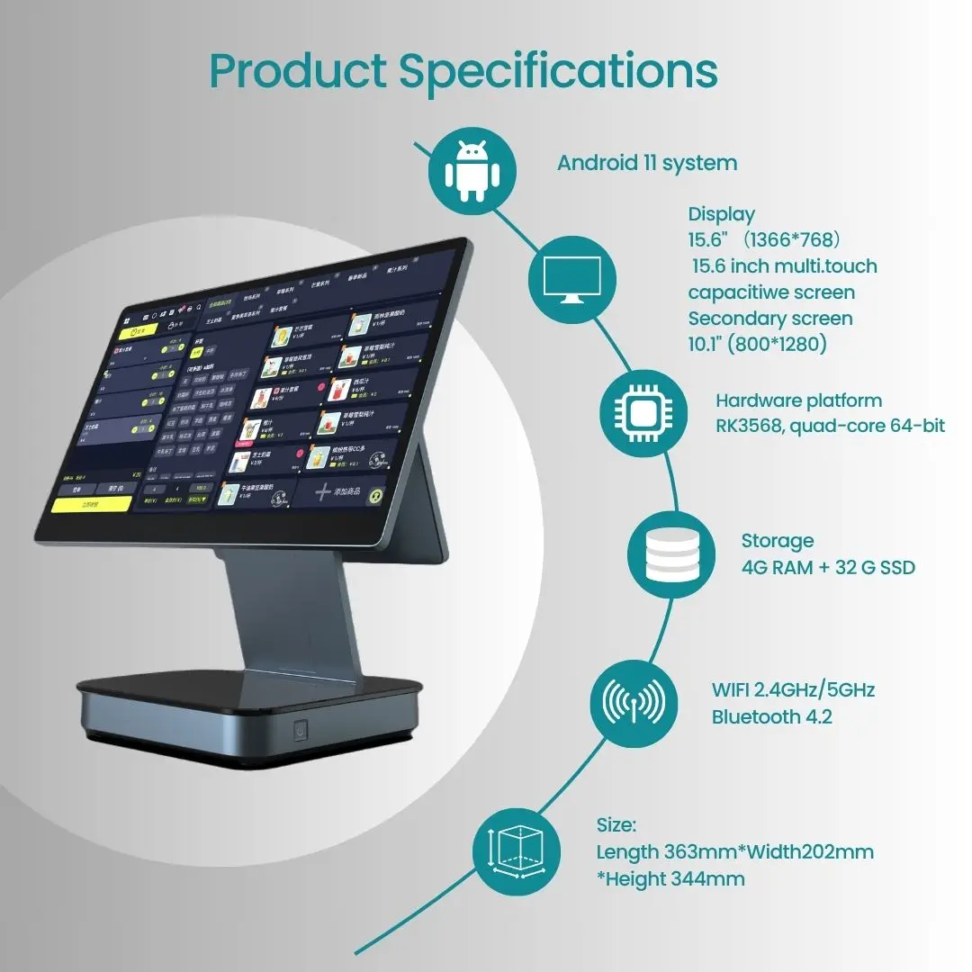 Discount Dual Screen 15.6 & 10.1 Inch Touch Screen Monitor POS Android Cash Register - Image 2