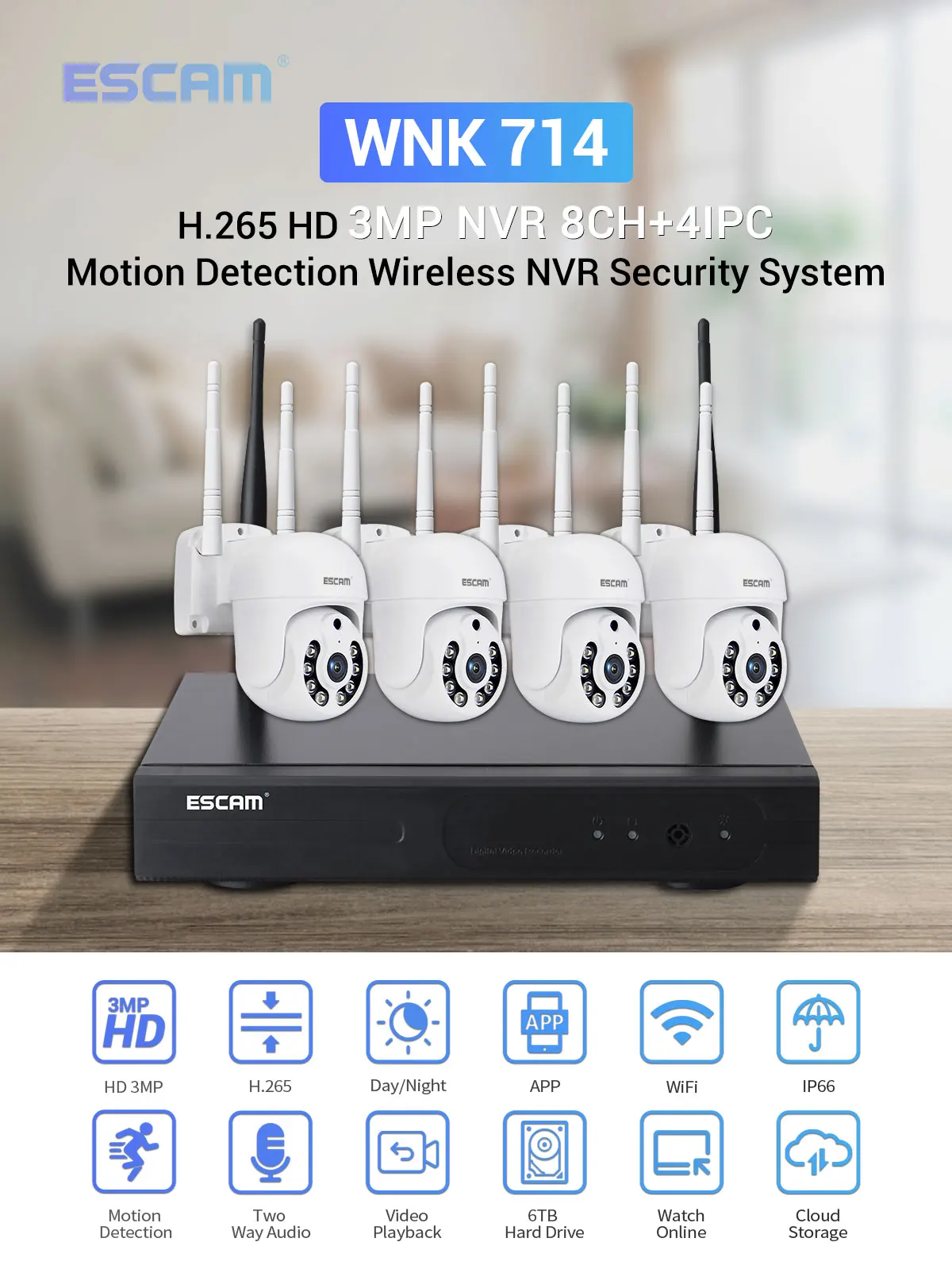 ESCAM H.265 3MP HD Wireless CCTV System Two Way Audio Waterproof PTZ WIFI IP Security Camera 8CH P2P NVR Video Surveillance Kit - Image 7