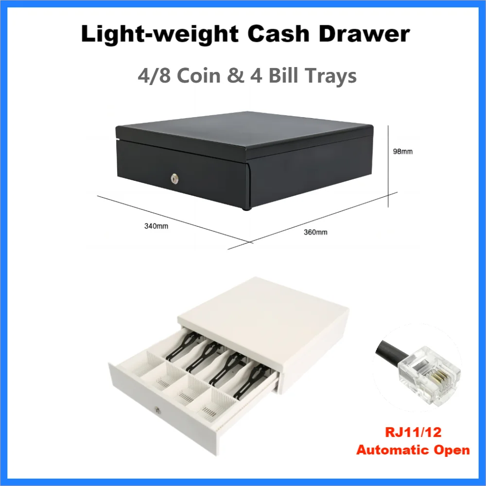 Light Weight Steel Cash Drawer RJ11 RJ12 Cash Box with Coin Tray Bill Trays Automatic Open Cashier Printer Cash Register Connect