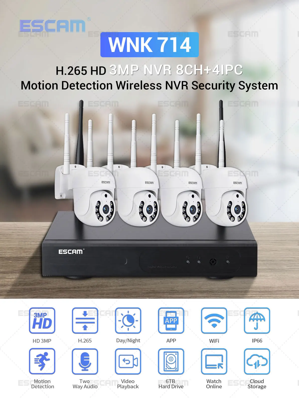 ESCAM H.265 3MP HD Wireless CCTV System Two Way Audio Waterproof PTZ WIFI IP Security Camera 8CH P2P NVR Video Surveillance Kit - Image 6